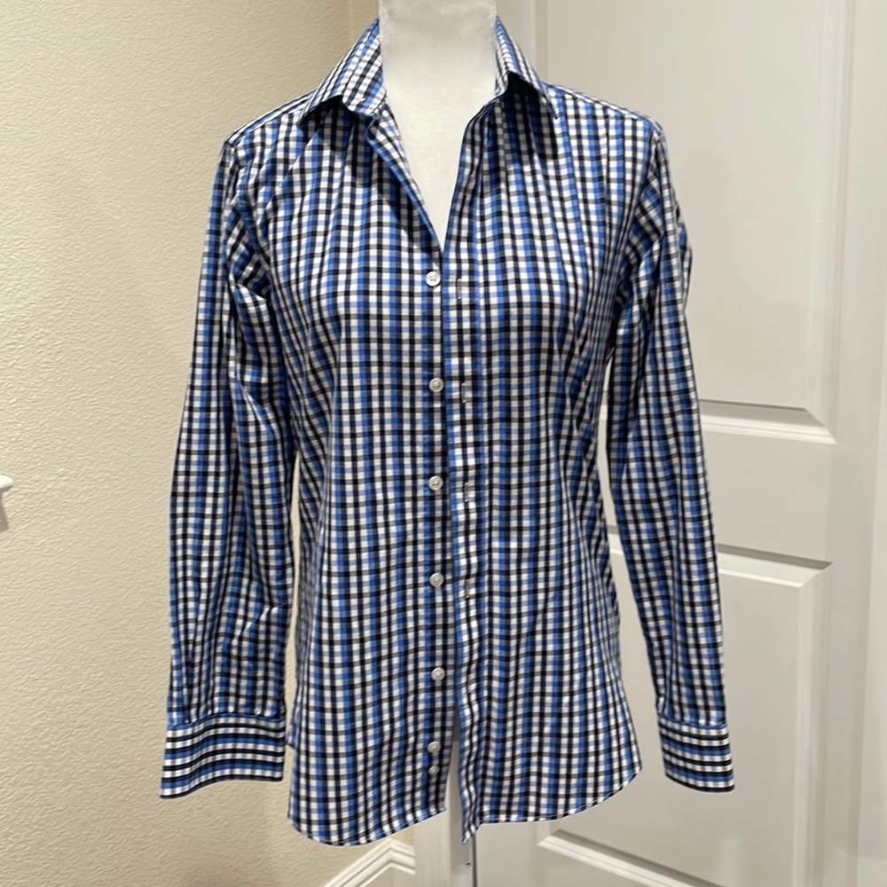 Marquis slim fit blue and black plaid button down shirt